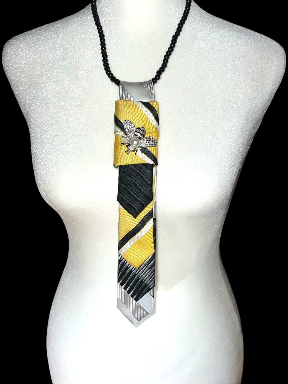 Yellow and Black Patterned skinny Tie Necklace with Bee Pin